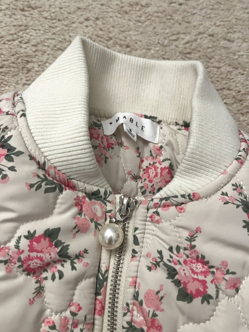 Mable Mallory Oversized Floral Bomber Jacket SMALL Cream Pink Anthropologie - Picture 8 of 13